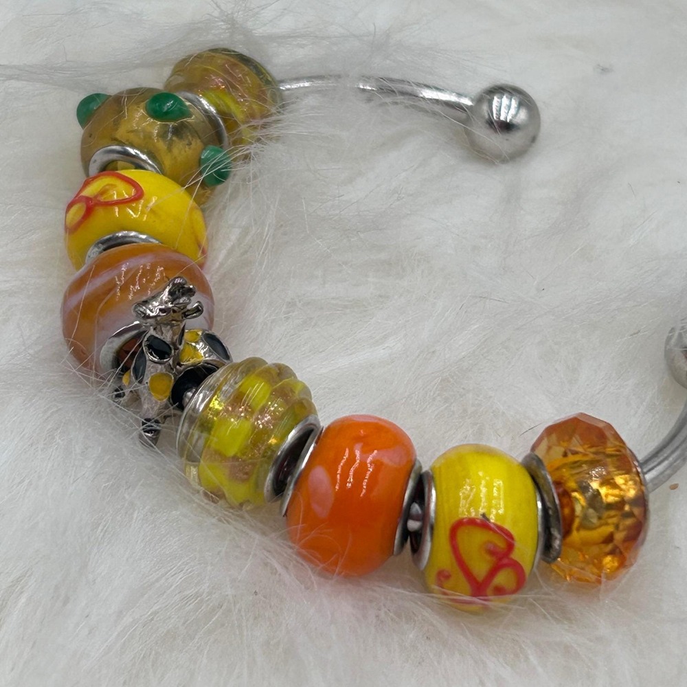 Yellow Orange Bohemian Glass Bead Giraffe Charm Bangle Bracelet Silver Tone Cuff